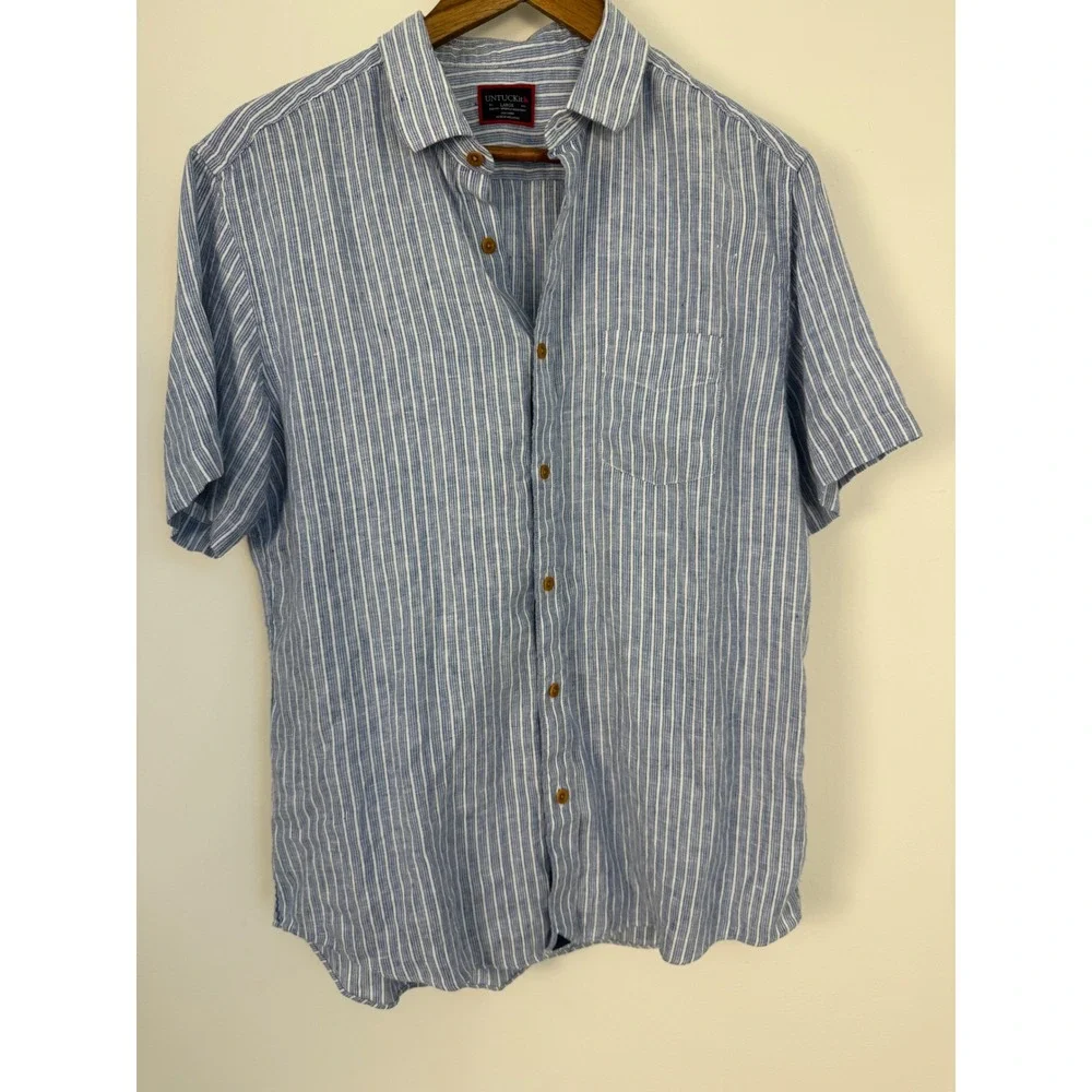 UNTUCKit Westrey WR Linen Shirt Mens Large Blue Stripe Slim Fit Short Sleeve
